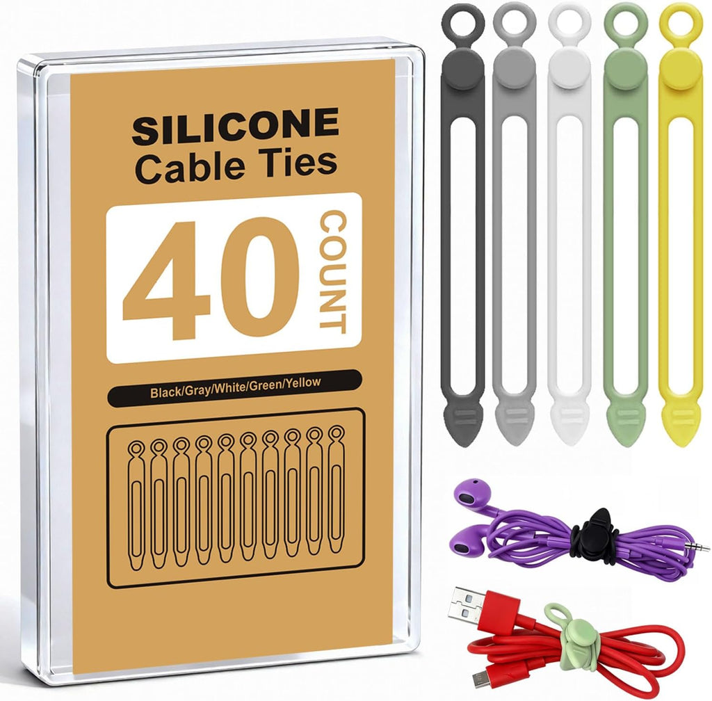 40Pcs Silicone Cable Ties with Box, Reusable Cord Organizer Rope, Elastic Cord Ties for Electronics, Essentials Straps Wires for Fastening Home Office Kitchen Travel Appliances