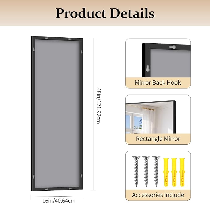 Black Bathroom Mirror for Wall, 16x48 Inch Rectangle Mirror