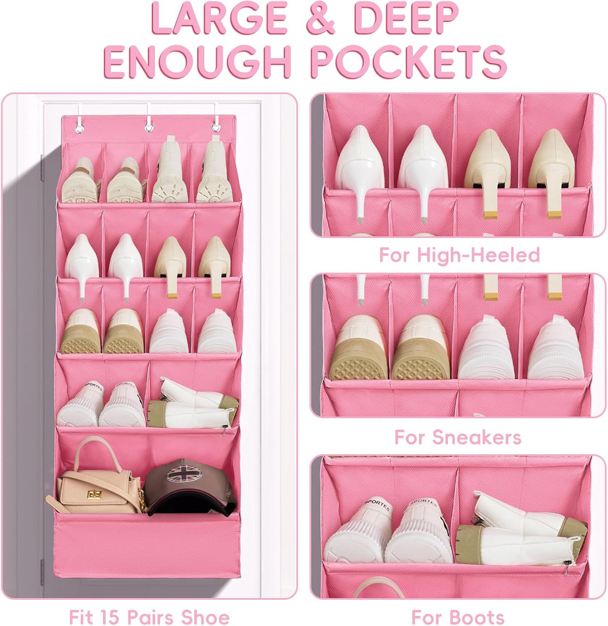 FENTEC 1 Pack Over-the-Door-Shoe-Organizers, Hanging Shoe Organizers with Large Pocket Shoe Holder Hanging Shoe Rack for Closet Shoes Organizer for Wall, Over Door Organizer with 15 Pockets Pink