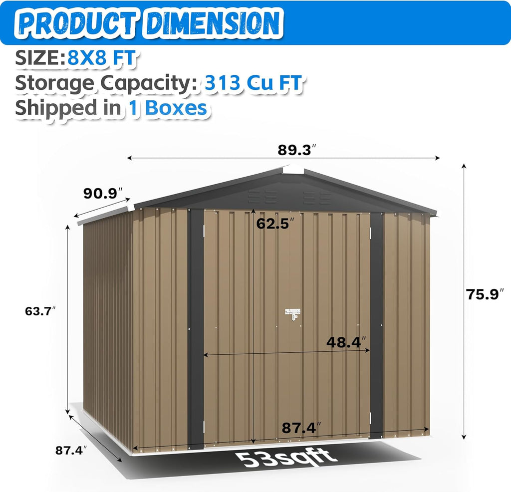 Greesum 8x8FT Outdoor Storage Shed, Utility Tool Shed Metal Storage Garden Shed with Door & Lock for Patio Storage, Brown