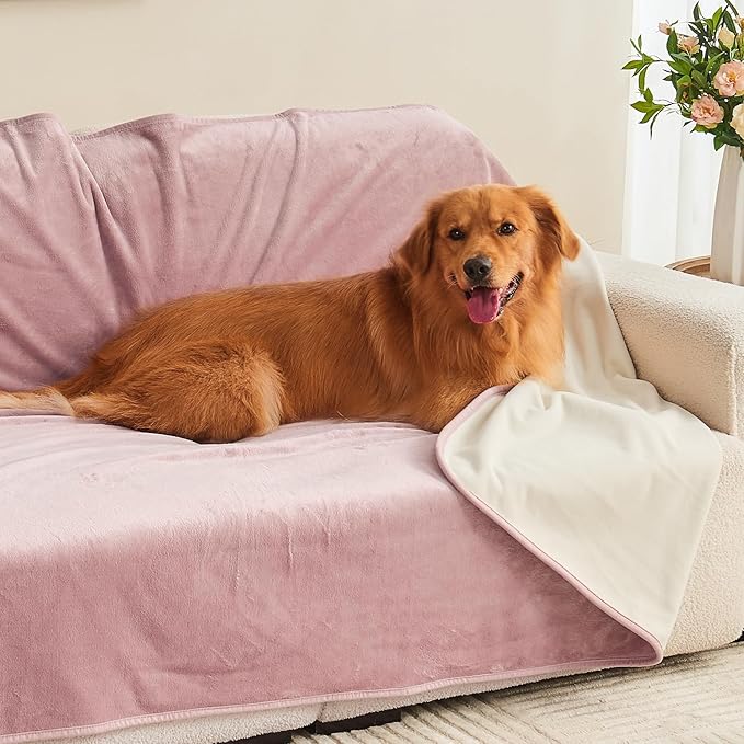 Yaning Waterproof Blanket 40"x60" for Adults, Reversible Waterproof Bed Cover for Dogs Cats Pets, Soft Leakproof Blanket for Bed Couch Sofa Furniture Protector, Dusty Pink/Off White