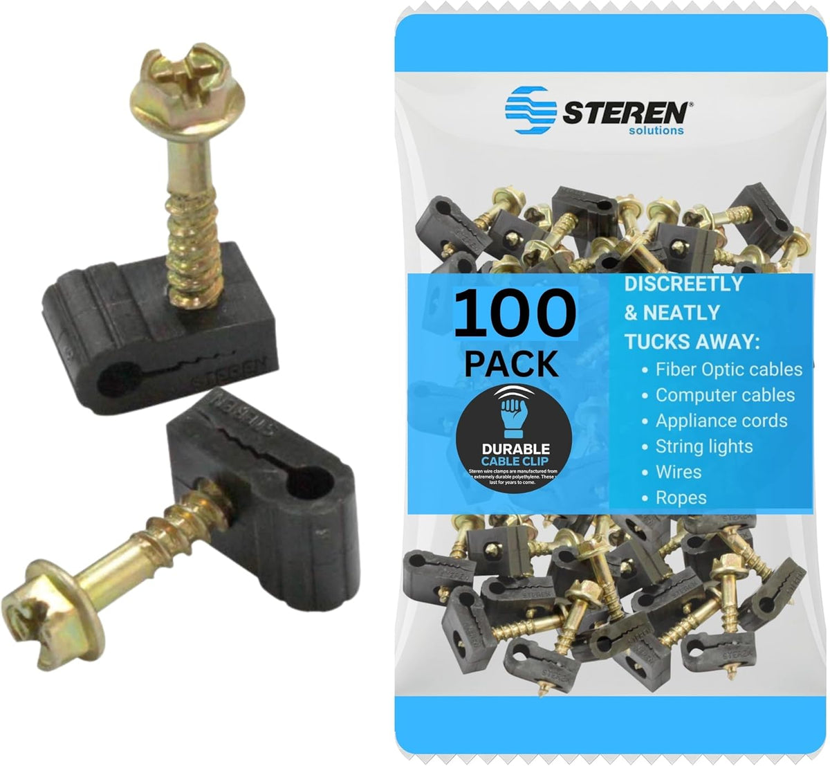STEREN Coaxial Cable Clips - Cable Holder - Siding Clips for Hanging - Cord Holder for Desk - Cable Clamps - Cord Clip - Wire Organizer Clips - Tv Mount Screws (Black, 100 Count - Mini Screw)