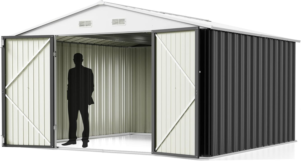 Greesum 10x10FT Outdoor Storage Shed, Utility Tool Shed Metal Storage Shed with Door & Lock for Patio Storage, Garden, Lawn, Gray