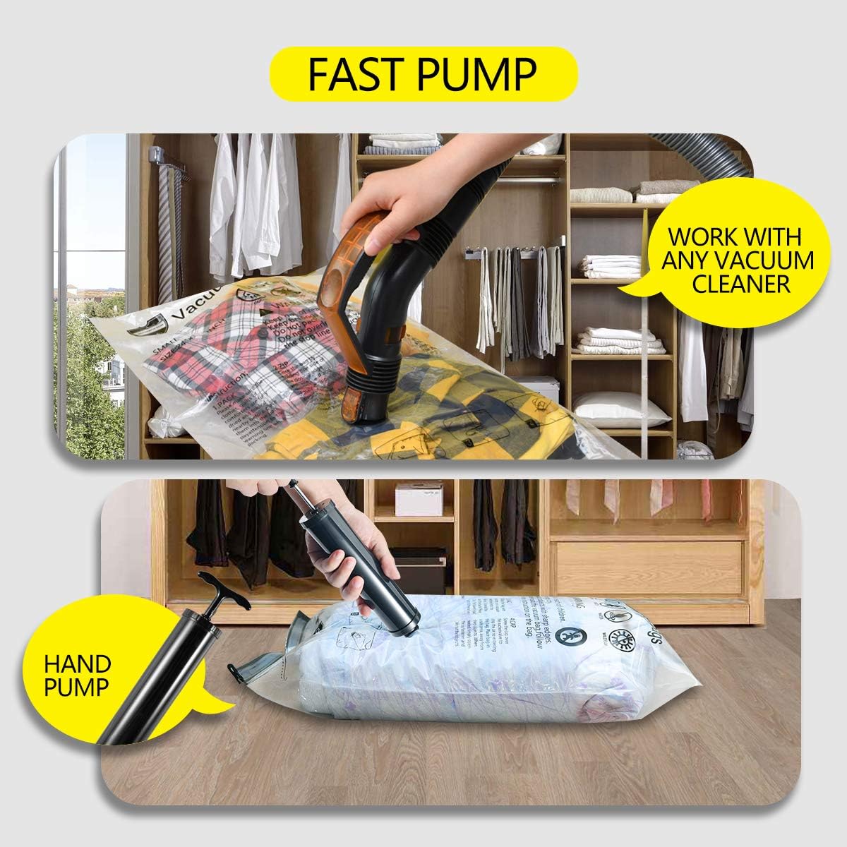 10 Pack Vacuum Storage Bags (5 x Large, 5 x Medium), Space Saver Sealer Compression Bags with Travel Hand Pump for Blankets, Comforters, Pillows, Clothes Storage