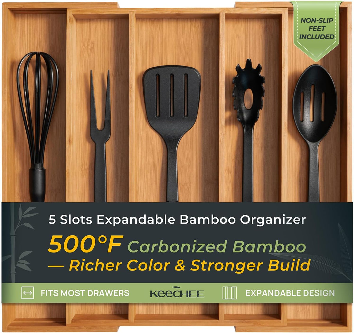 Carbonized Bamboo Kitchen Drawer Organizer, 5 Slots Expandable Silverware Organizer, Utensil Holder & Cutlery Tray, 2.2" Deep for Extra Capacity, Non-Slip Feet Included
