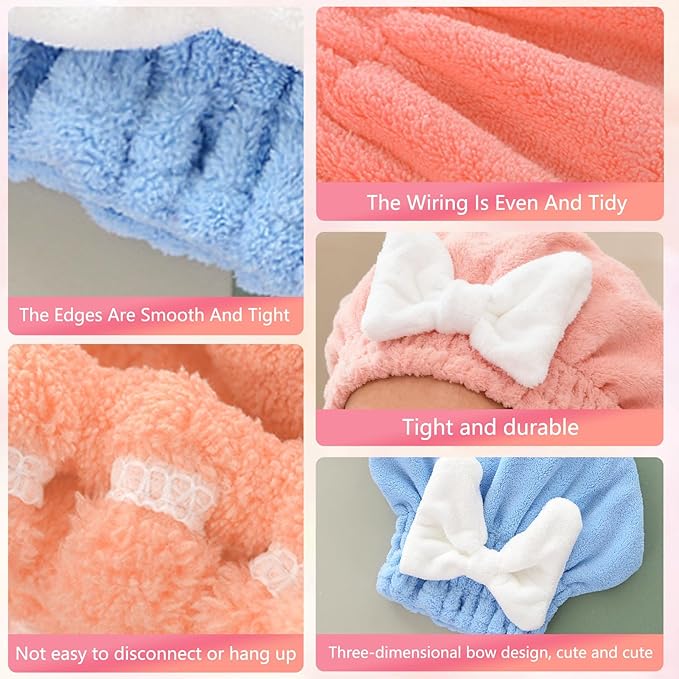2Pcs Super Absorbent Hair Towel Wrap for Wet Hair, Microfiber Hair Towel Wrap Quick-Drying Thickened Hair Towels, Soft Bow Tie Wet Hair Towels Wrap for Women Girls (Pink+Blue)