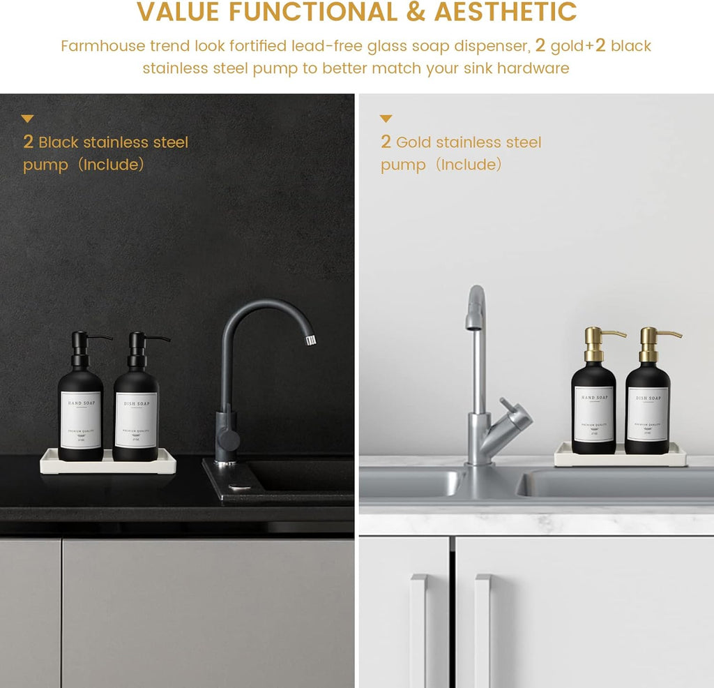 Glass Soap Dispenser for Kitchen, Farmhouse Dish Soap Dispenser&Hand Soap Dispenser Set,Rustproof Pump Lotion Dispenser Bathroom with Tray,Waterproof Label for Kitchen Decor(Black