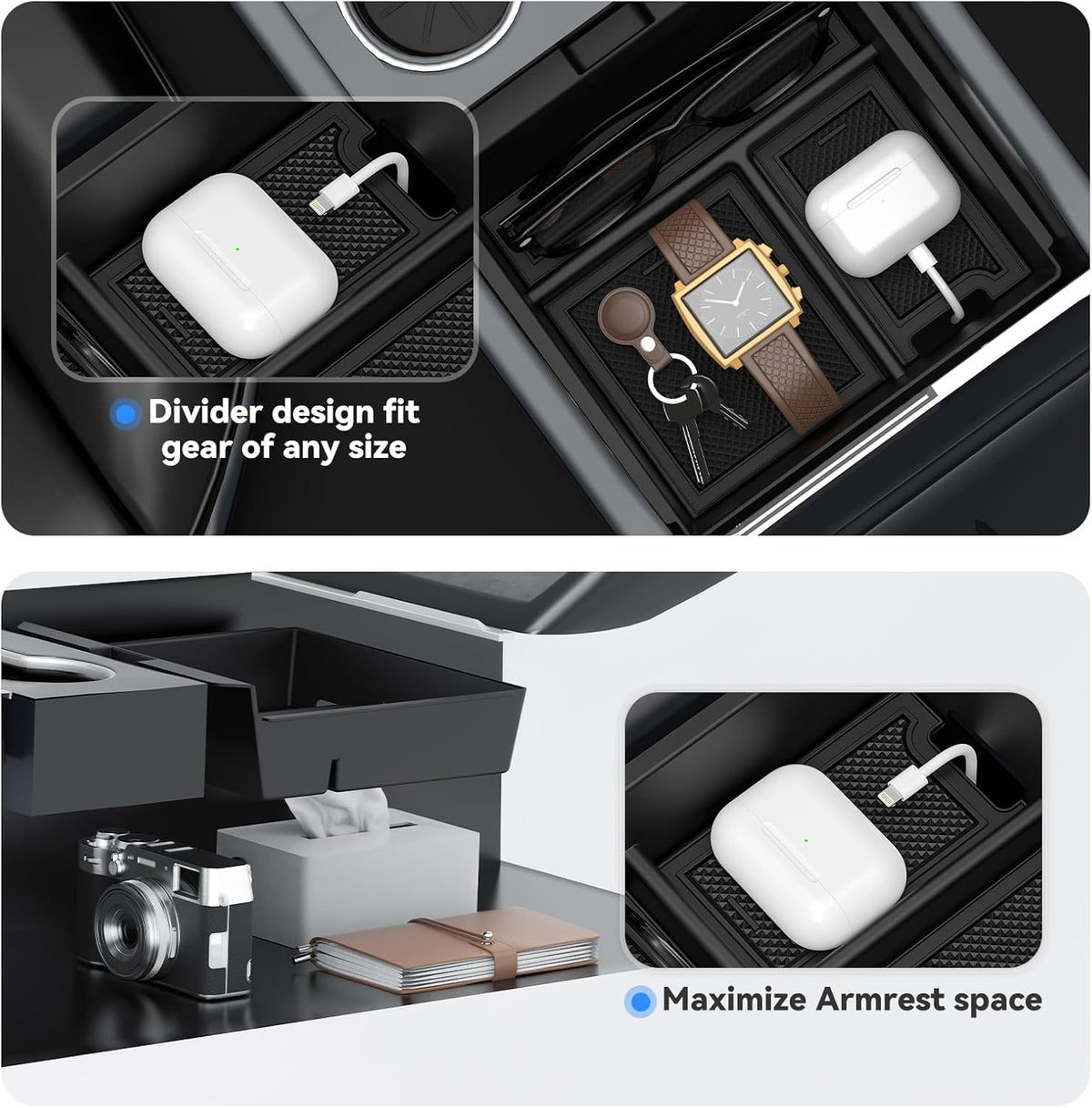 2025 Upgrade 5PCS Center Console Organizer Tray for Tesla New Model Y (2026 Juniper)/3 Highland Accessories 2025, Hidden Storage Box, Cup Holder & Armrest Drawer Organizer, Shockproof, No-Noise