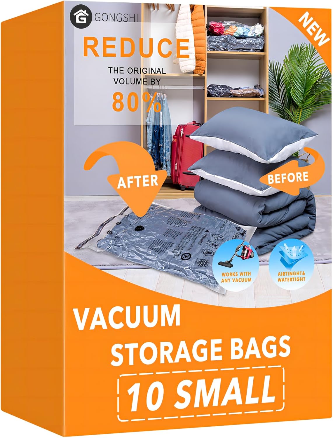 10 Small Vacuum Storage Bags, Space Saver Sealer Compression Bags for Blankets, Comforters, Pillows, Clothes Storage