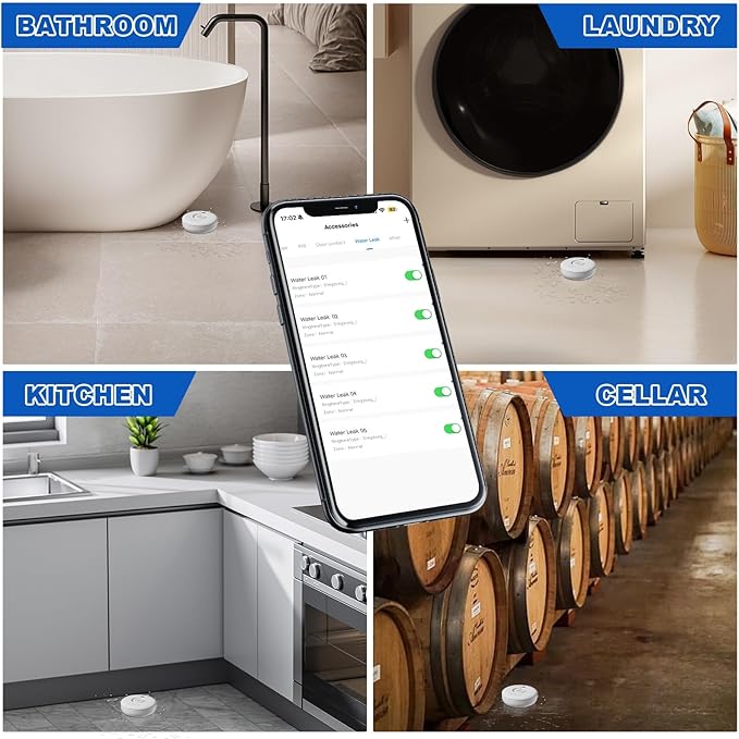 WiFi Water Leak Detectors 5 Pack, 120dB Adjustable Loud Water Leak Sensor