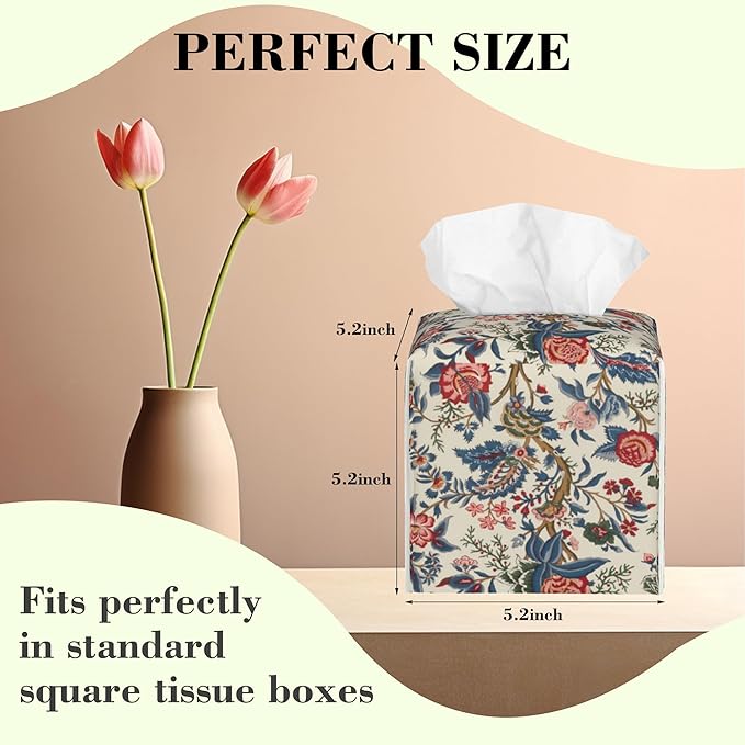 Geometric Colored Indian Flowers Tissue Box Cover,Red Boho Floral Waterproof Leather Square Tissue Box Cover Case Facial Paper Organizer Dispenser Box Holder for Home Office Bathroom Vanity Countertop