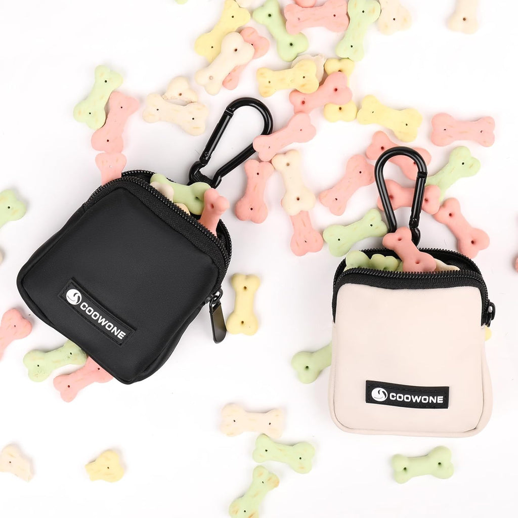 Dog Treat Pouch 2 PCS, Waterproof Small Dog Treat Bag for Leash, Hands Free Dog Walking Bag with Carabiner, Dog Poop Bag Holder for Pet Puppy Travel or Outdoor Use, Zipper Closure to Avoid Spilling