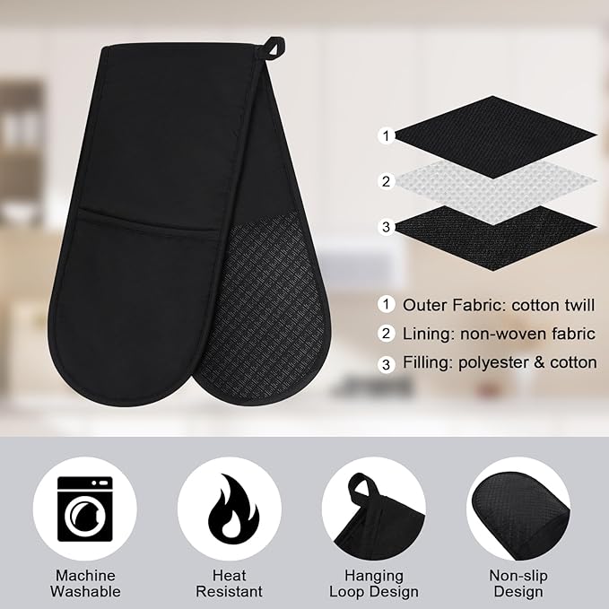 Philorn Black Double Oven Mitts，Heat Resistant 260℃ Waterproof Silicone Glove Kitchen Gloves Oven Extra Long Oven Mitts with Non-Slip Silicone Surface for Baking, Cooking, BBQ