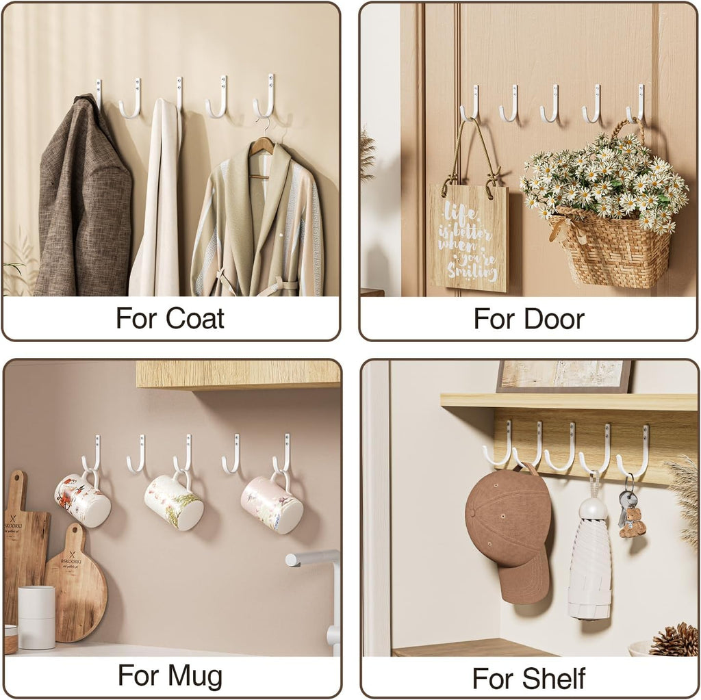 Wall Hooks for Hanging Towel/Coat - 22LB Screw in Metal Hanger Wall Mount, for Outdoor, Closet, Door, Bathrooms, for Backpack, Robe, White 5 Pack