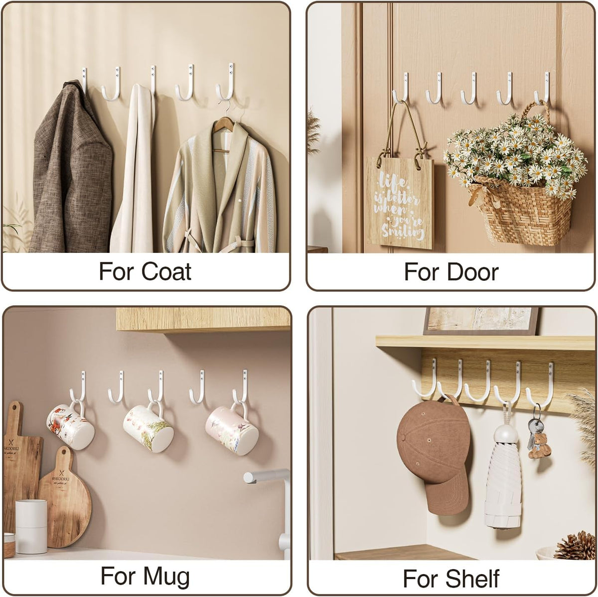 Wall Hooks for Hanging Towel/Coat - 22LB Screw in Metal Hanger Wall Mount, for Outdoor, Closet, Door, Bathrooms, for Backpack, Robe, White 5 Pack