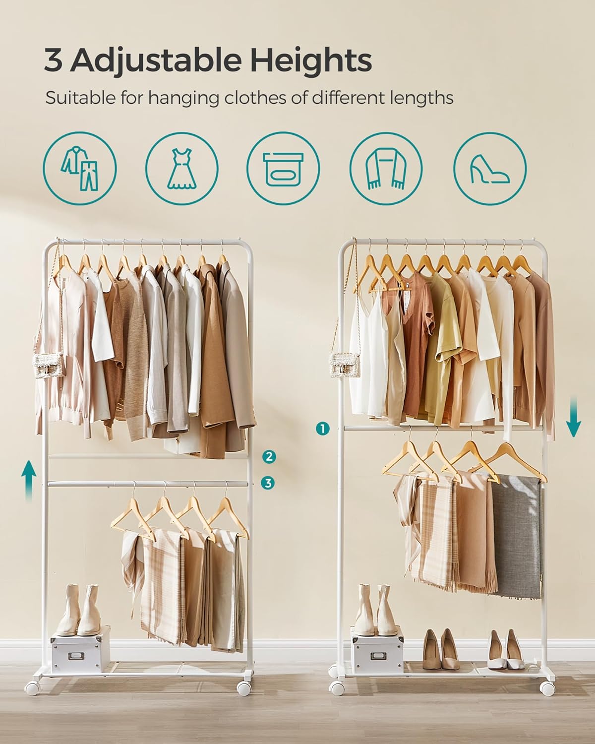 SONGMICS Clothes Rack with Wheels, Double-Rod Clothing Rack for Hanging Clothes, 25.4mm Metal Garment Rack with Dense Mesh Storage Shelf, 110 lb Load Capacity, 2 Brakes, White UHSR027W01