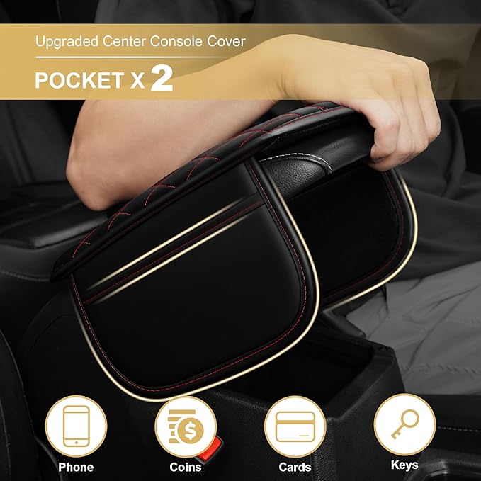 Center Console Cover for Accord: Armrest Cover for Car with 2 Storage Bags - Scratch & Wear Resistant & Waterproof Leather Console Cover,Anti-Scratch Auto Armrest Pad Accessory （Black&Red