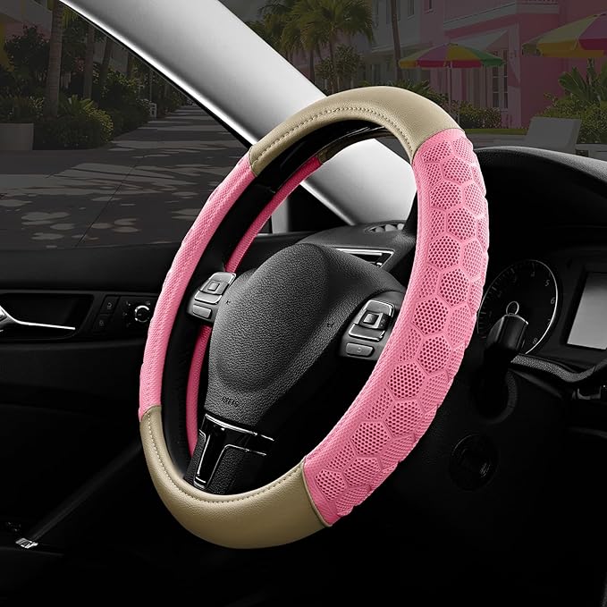 PIC AUTO Massage Steering Wheel Cover, Pink Football Pattern Material Spliced & Beige Leather Car Steering Wheel Cover, Car Steering Cover, Universal Fit 14.5"-15.5" for Cars, Trucks, Van, SUVs