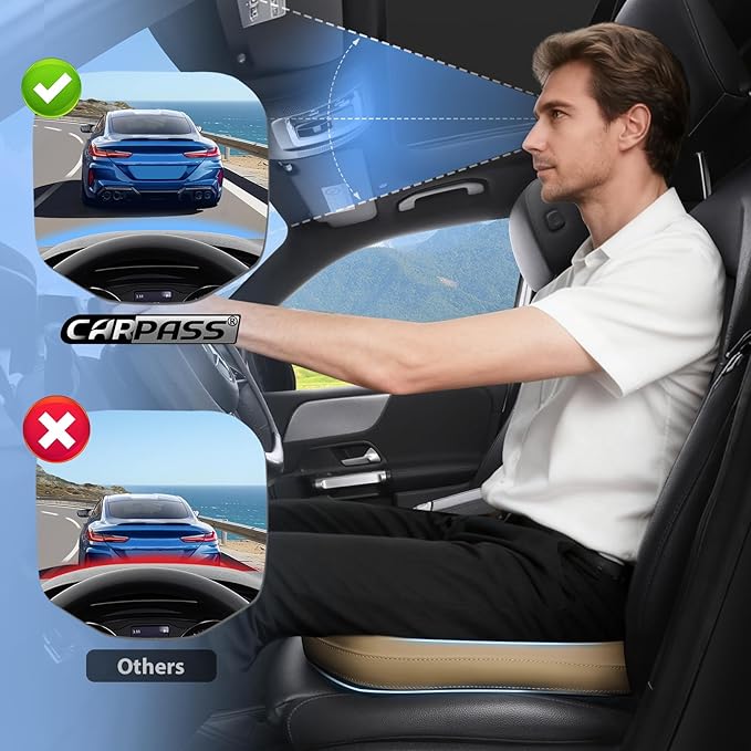 CAR PASS Premium Leather Car Seat Cushion, Comfort Memory Foam Driver Seat Cushion for Long Driving, Waterproof Non-Slip Seat Cushions for Cars, Truck, SUV, Office Chairs, Stadium, Beige