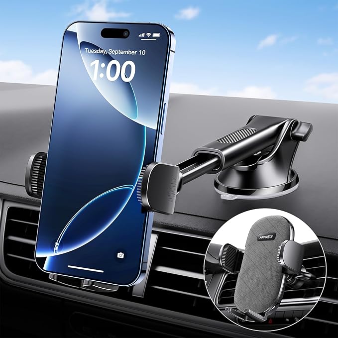APPS2Car Suction Cup Phone Mount, Windshield/Dashboard/Air Vent Car Phone Holder Mount with Sticky Gel Pad, Compatible with iPhone, Samsung, All Cellphone, Thick Case Friendly