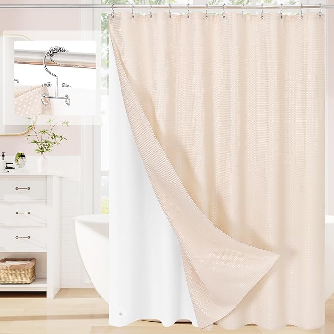 Craidlela 3 in 1 Extra Long Blush Pink Shower Curtain Set-72 W x 84 H, Modern Waffle and PEVA Liner Set with 12 Stainless Steel Hooks, Waterproof Fabric for Bathroom