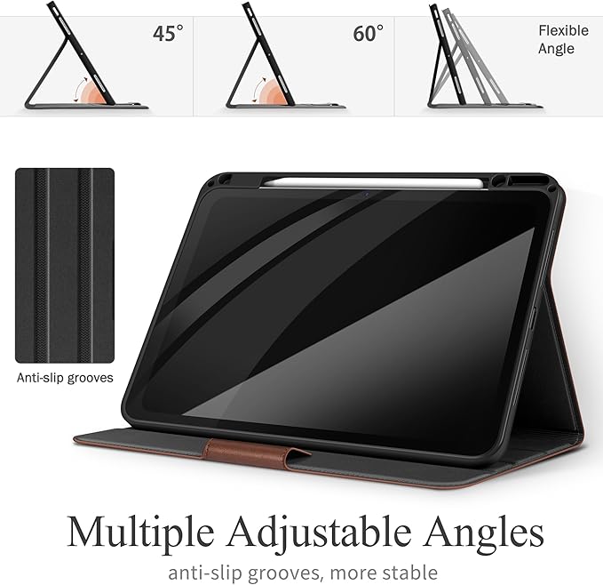 auaua Case for iPad Air 11 Inch M3/M2 (2025/2024), iPad Air 5th/4th Generation (2022/2020), with Pencil Holder and Pocket, Typing Angle Muti-Stand Magnetic Closure Auto Sleep/Wake (Brown)
