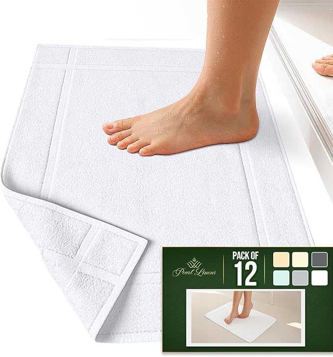 Pearl Linens Pack of 12 100% Cotton Bath Mat 20x30 inches, Soft & Absorbent Quick Dry Bathroom Mat Set, Not Bathroom Rugs, After Shower Mat, Bath Tub Mat, 687 GSM, Machine Washable, White