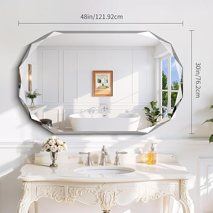 GLASHOM Frameless Bathroom Mirror, 30x48 inch Beveled Bathroom Mirror Wall