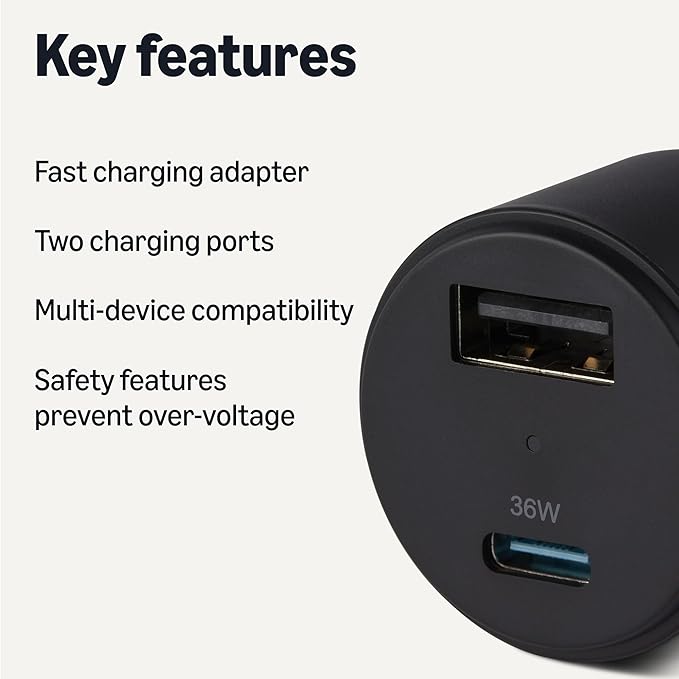 Amazon Basics Fast-Charging Car Charger, Dual-Port, 1 USBC+1 USB-A, 48W, Black