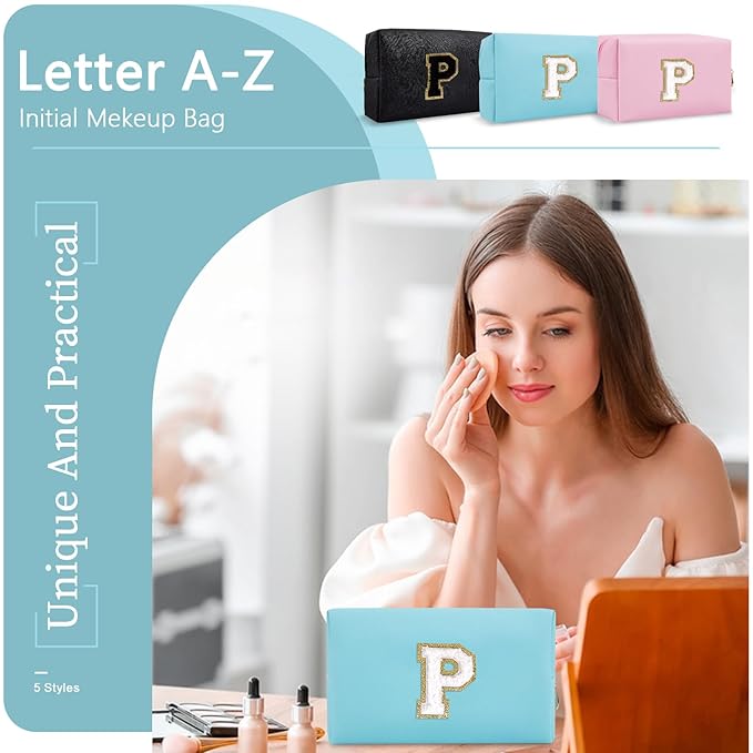 Small Personalized Initial A-Z Preppy Patch Makeup Bag,PU Chenille Letter Travel Cosmetic Pouch with Zipper,Blue Cute Toiletry Bag,Gift Ideal for Teen Girls Women Teacher Bridesmaid,Letter P