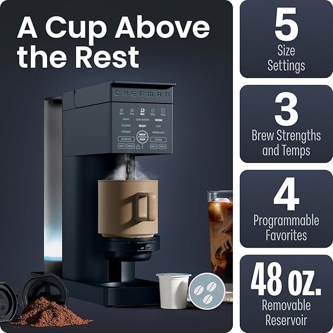 Chefman Caffeinator Single Serve Coffee Maker, Brew Kcups & Grounds, Drip