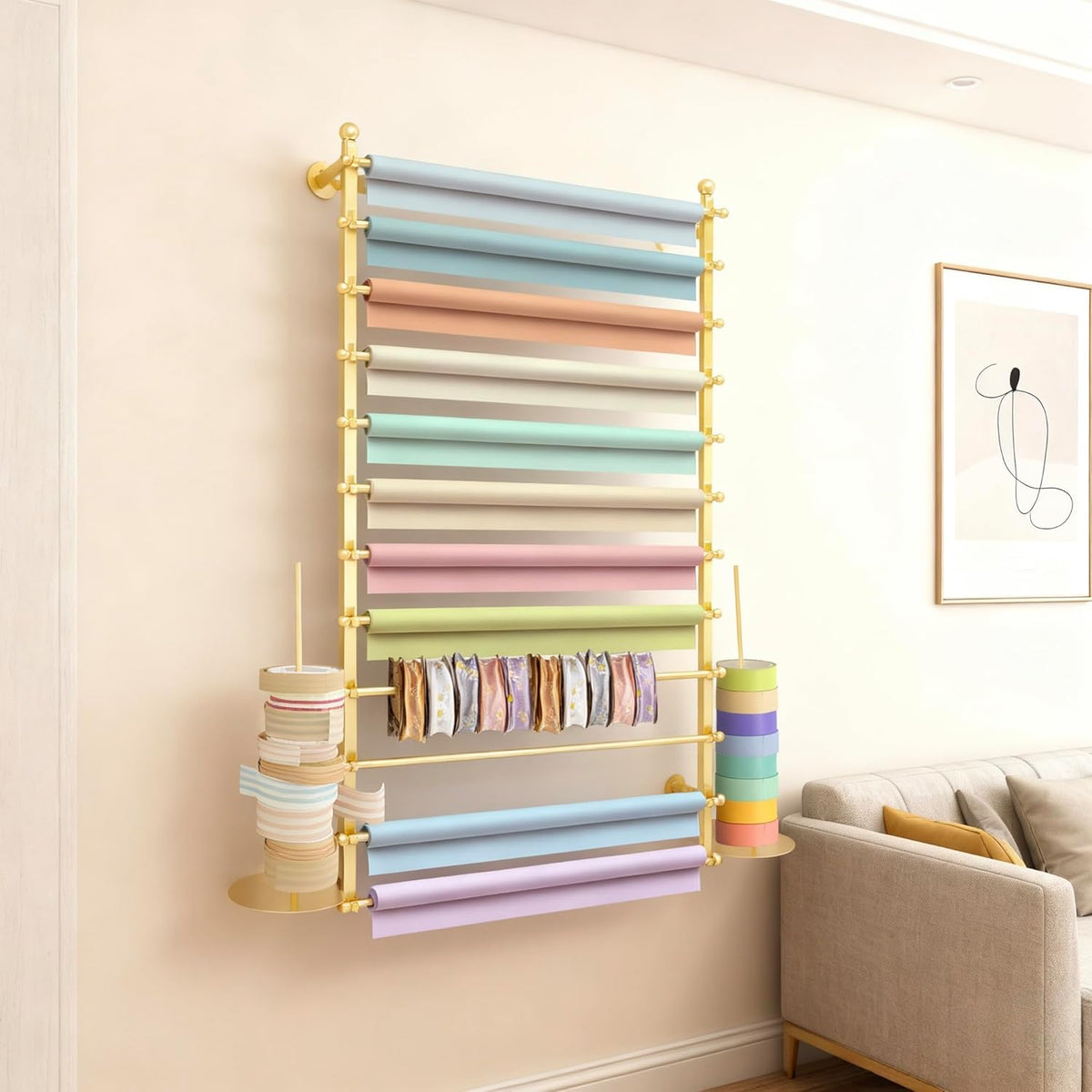 12 Layers Gold Wall Display Stand Wrapping Paper Ribbon Organizer Tie Scarf Rack Belt Towel Holder Spool Hijab Stand Metal Shelving for Home, Retail Stores, Flower Shop, Studio, Sewing-80cm