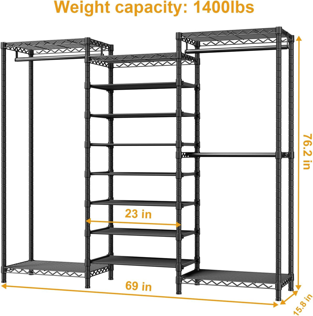E16 Heavy Duty Clothing Rack（with 7-Tier Adjustable Shoe Rack） Freestanding Clothes Rack for Hanging Clothes，Metal Closet Storage Organizer Large Wardrobe，69'' W x 15.8'' D x 76.2'' H，Black