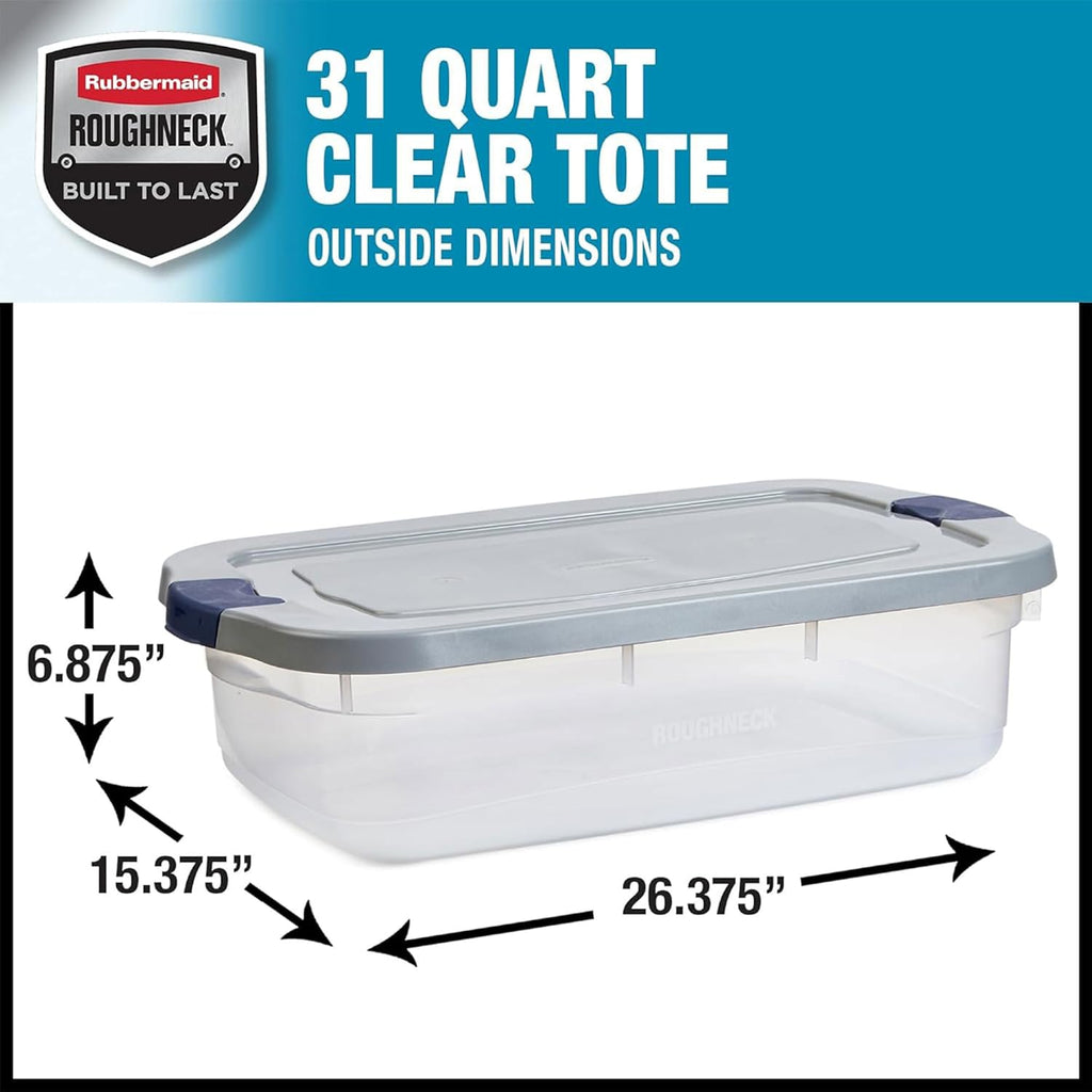 Rubbermaid Roughneck Clear 31 Qt/ 7.75 Gal Storage Containers, Pack of 6 with Snap-Fit Grey Lids, Visible Base, Sturdy and Stackable, Great for Storage and Organization