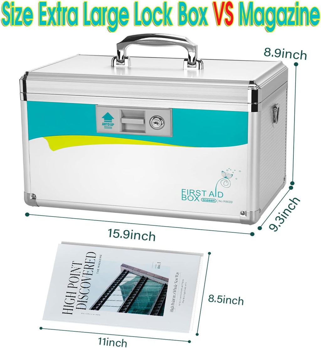 Glosen Medicine Lock Box,locking medicine box, Security Lock Boxes【Extra Large-16inch】 15.9x9.3x8.9 Inch,lock box, First Aid Key Safe Box,Lock Box for Medication