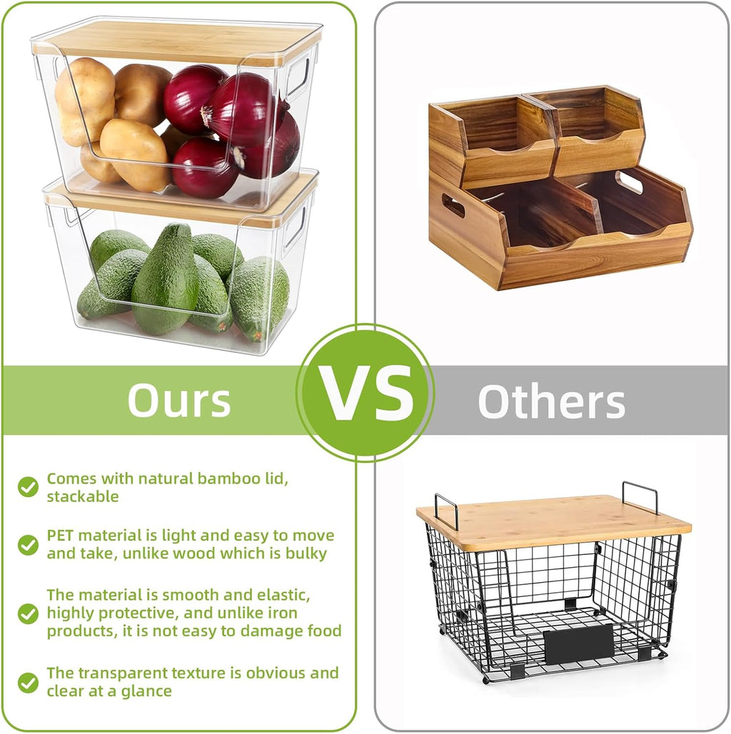 Pantry Organizers and Storage, Stackable Plastic Pantry Organizer with Lid & Handle for Kitchen Counter, Fridge for Fruit, Potato, Onion, Vegetable, 3 Set (Clear - 2 Large Bin & 1 Medium Bin)