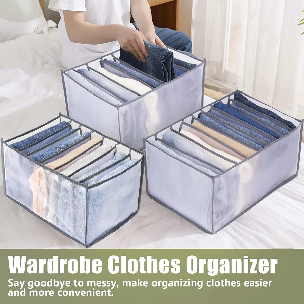 TOOVREN Closet Organizer 5PCS, Clothes & Pants Organizer for Folded Clothes, T-Shirts, Bras, Skirts, Jeans (7 Grids)