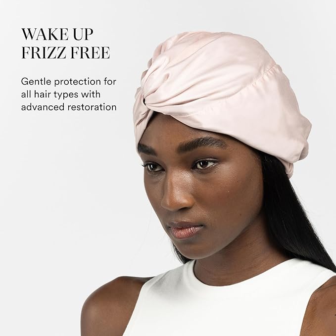 Essentials by Clementine Organic Hair Bonnet in Ballet Pink | Silver Ion Silk Lined Bamboo Sleep Cap for Frizz-Free, Curly Hair, and Scalp Health