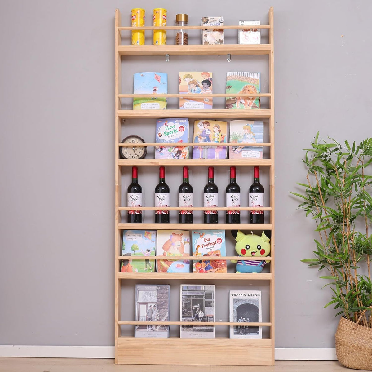 Wooden Kids Bookshelf, Wall Mount 6-Tier Behind The Door Shelf, Organizer for Toys and Books, Space-Saving Wall Mount Narrow Book Shelf