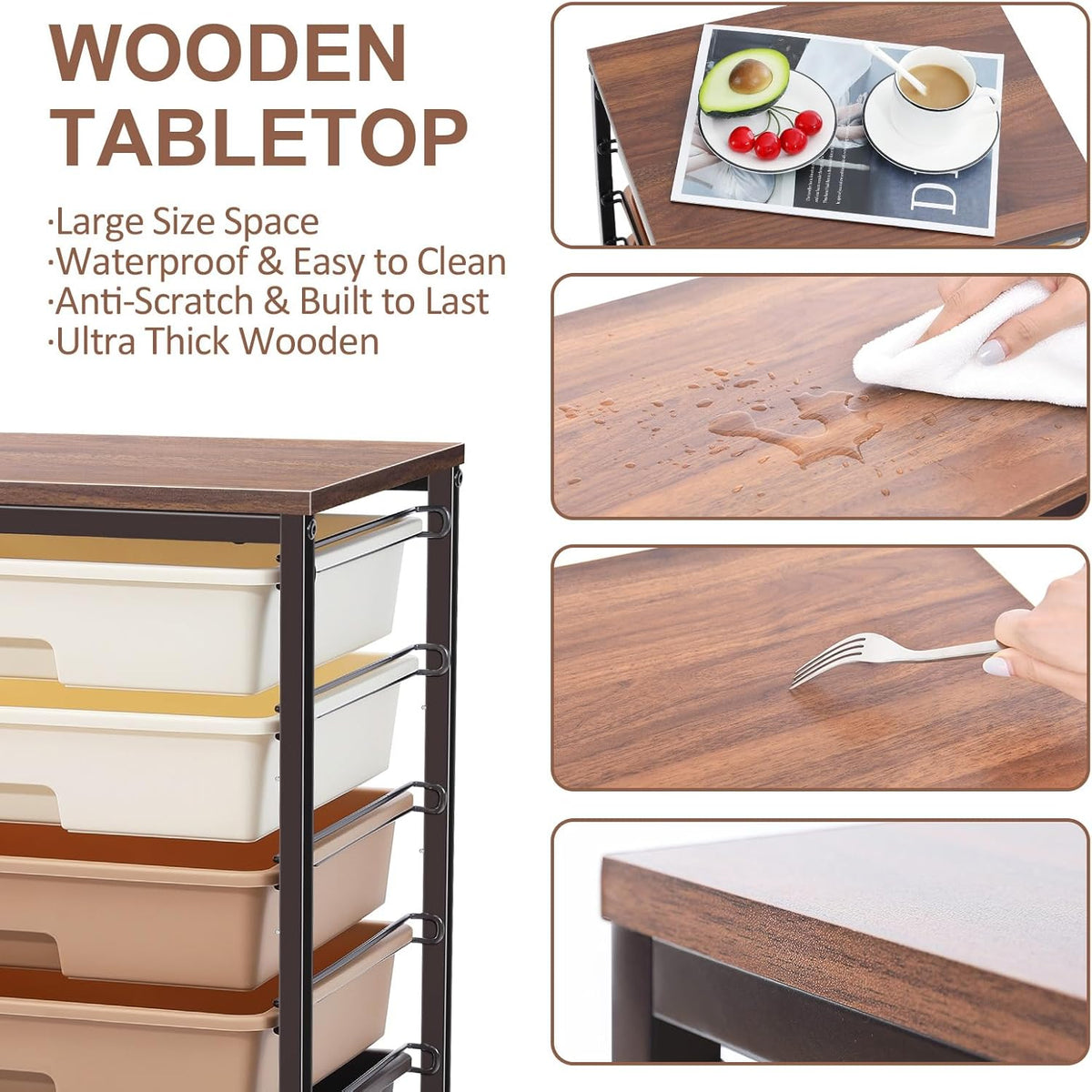 Rolling Carts with Wheels,Utility Cart with 8 Drawers and Wooden Tabletop,Rolling Drawer Cart,Plastic Drawer Storage for Living Room,Classroom,Bedroom,Bathroom,Dorm,Office,Brown