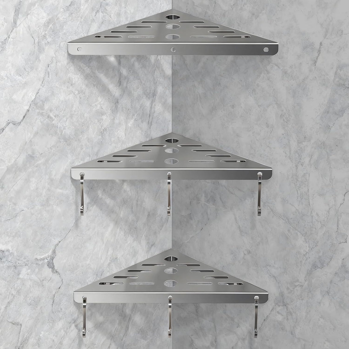 Shower Corner Shelf 304 Stainless Steel Shower Caddy 3 Tier Shower Organizer Niche Extra 6 Hangers Shelves 40 lbs Large Capacity Bathroom Storage for Inside Anti-Rust Drilling Installation(Silver)