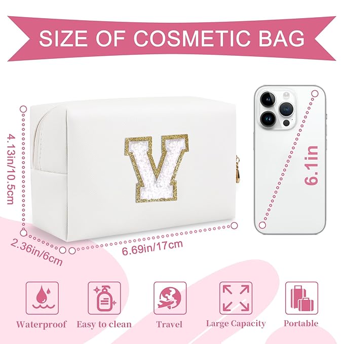 Small Personalized Initial A-Z Preppy Patch Makeup Bag,White PU Chenille Letter Travel Cosmetic Pouch with Zipper,Cute Toiletry Bag,Gift Ideal for Teen Girls Women Teacher Bridesmaid,Letter V