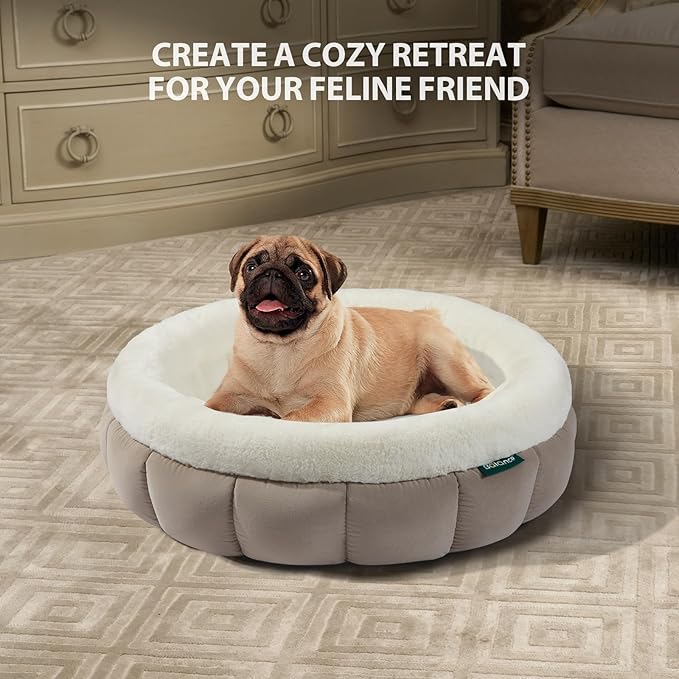 BALANCE Cat Beds for Indoor Cats, Washable Round Cat Bed, Cute Kitten Bed with Anti-Slip Bottom for Kitty and Puppy, 23 Inches, Goat