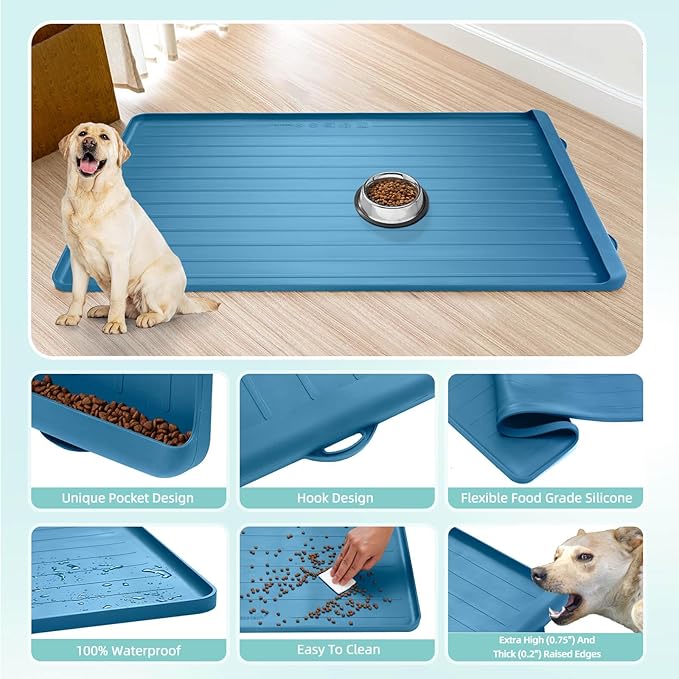 Dog Mat for Food and Water - 39.4" x 27" Large Pet Feeding Mats with Residue Collection Pocket - Waterproof Dog Cat Bowl Mat with High Edges to Prevent Water and Food Spills (Navy)