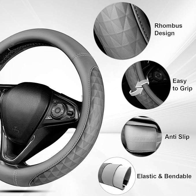 CAR PASS 3D Rhombus Memory Foam Leather Steering Wheel Cover Set, Comfortable Center Console Armrest Cushion Cover with Storage Bags Non-Slip Cup Coasters, 14.5-15in Car Interior Sets, 4 PCS All Gray