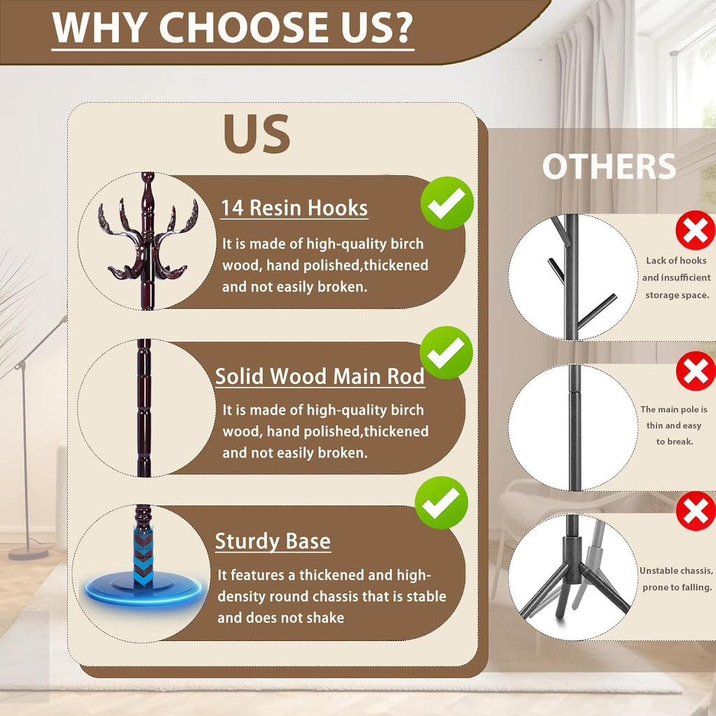 Solid Wooden Coat Rack Stand, Coat Racks Freestanding with 14 Hooks, Natural Birch Wood Coat stands with Sturdy Round Base, Tree Coat Hanger Standing for Entryway Bedroom Office (Chi Bang)