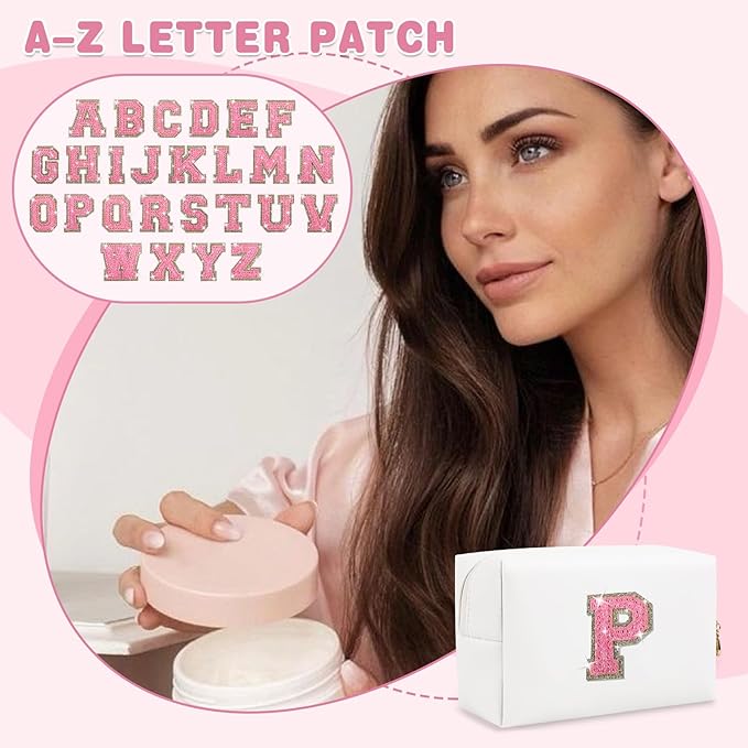 Small Initial Patch Makeup Bag Personalized Gifts Make Up Bag,White Cute PU Leather Glitter Letter Cosmetic Bag with Zipper,Trendy Portable Travel Toiletry Pouch,Preppy Stuff for Teen Girls Women P