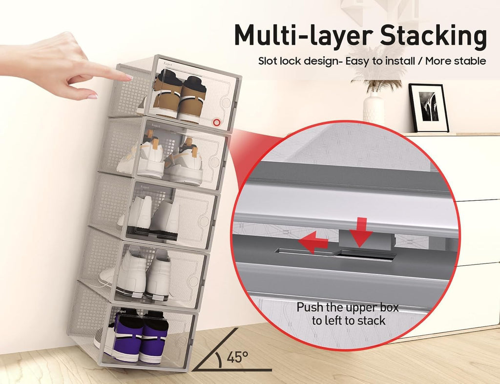 Kuject XX-Large Shoe Storage Boxes Organizers Clear Plastic Stackable 12 Pack, Shoe Rack & Holder Substitute, Sneaker Containers, Toy Storage Organizer Bins for Entryway, Closet, Under Bed, Grey