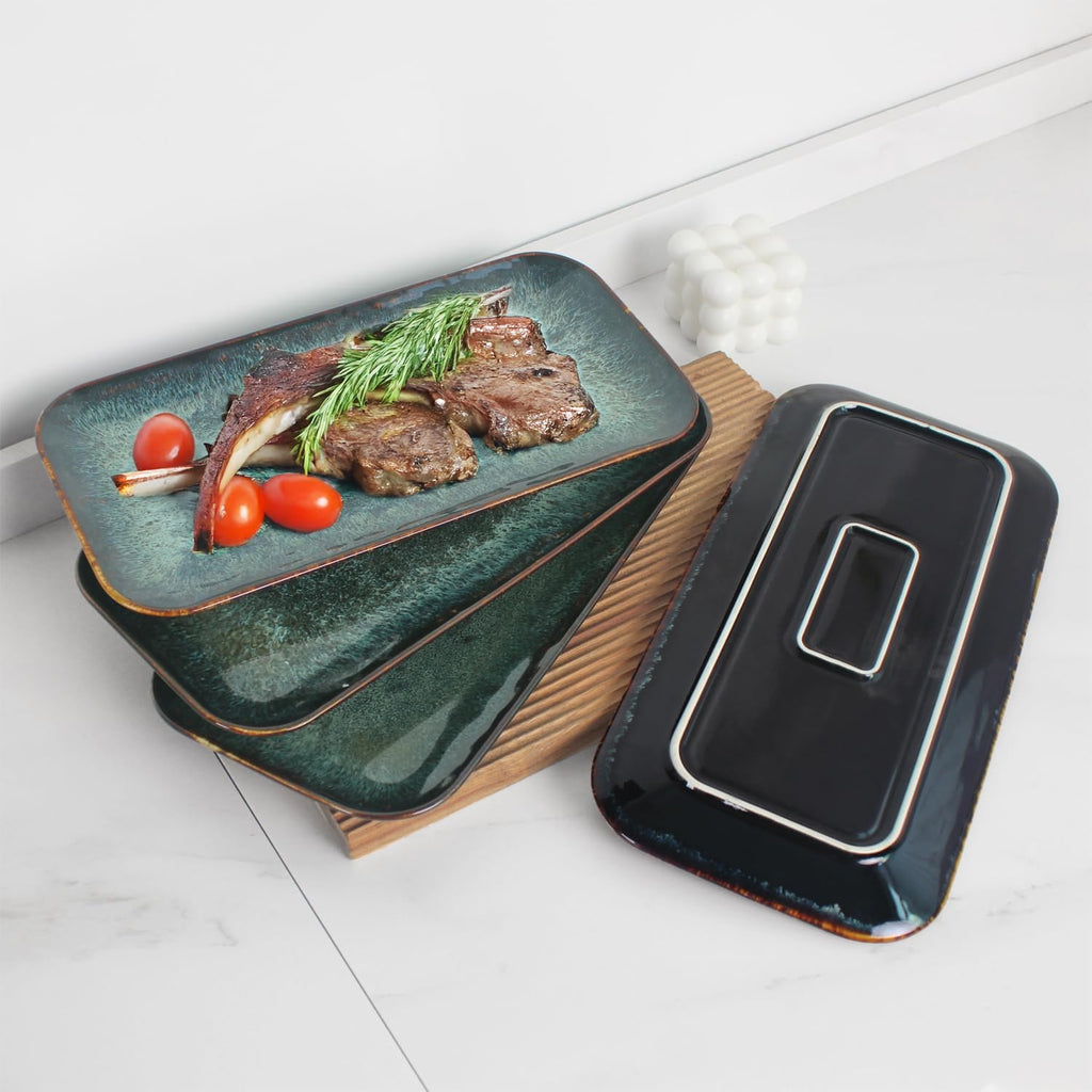 Ceramic Serving Dinner Plate Set, 4-Piece for Main Meals, Tacos, Lunches, Snack, Platters - Microwave and Dishwasher Safe, Scratch Resistant, Kitchen Serving Dinnerware, Black 12.4 Inch