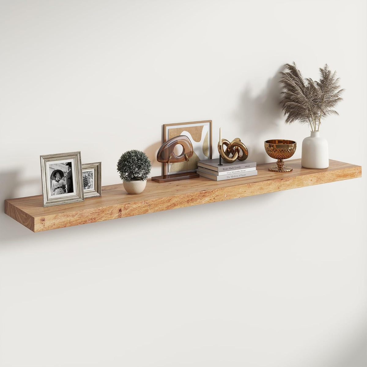 RICHFOCUS Elm Floating Shelves for Wall - 55" W x 9.3" D Rustic Solid Wood Shelves with Invisible Bracket, Wall-Mounted for Living Room, Bedroom, Kitchen Storage & Display, Set of 1, Natural
